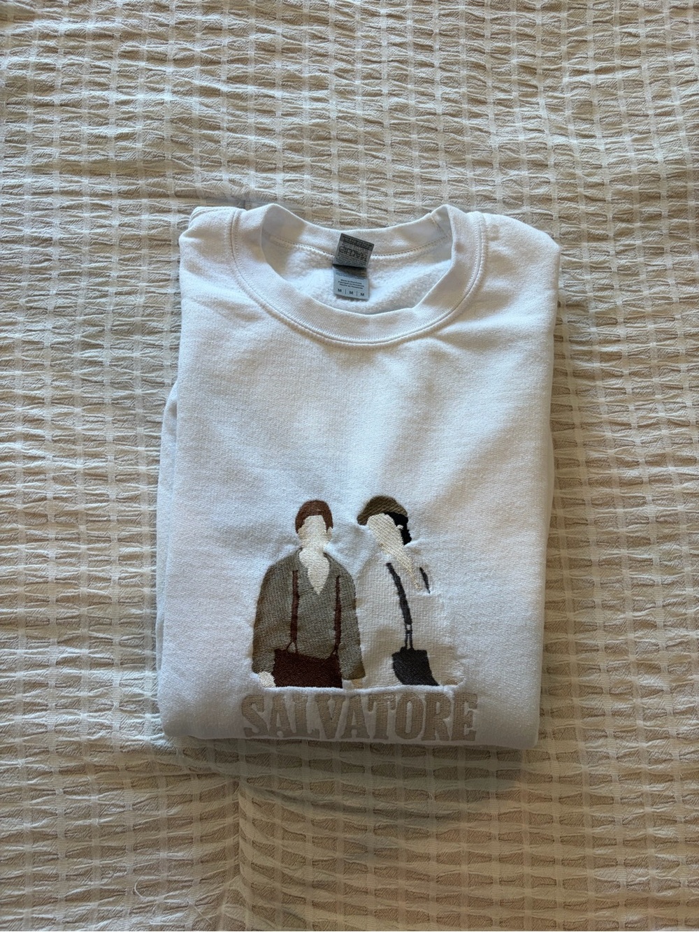 White Crewneck Sweater with minimalist vampire diaries Graphic